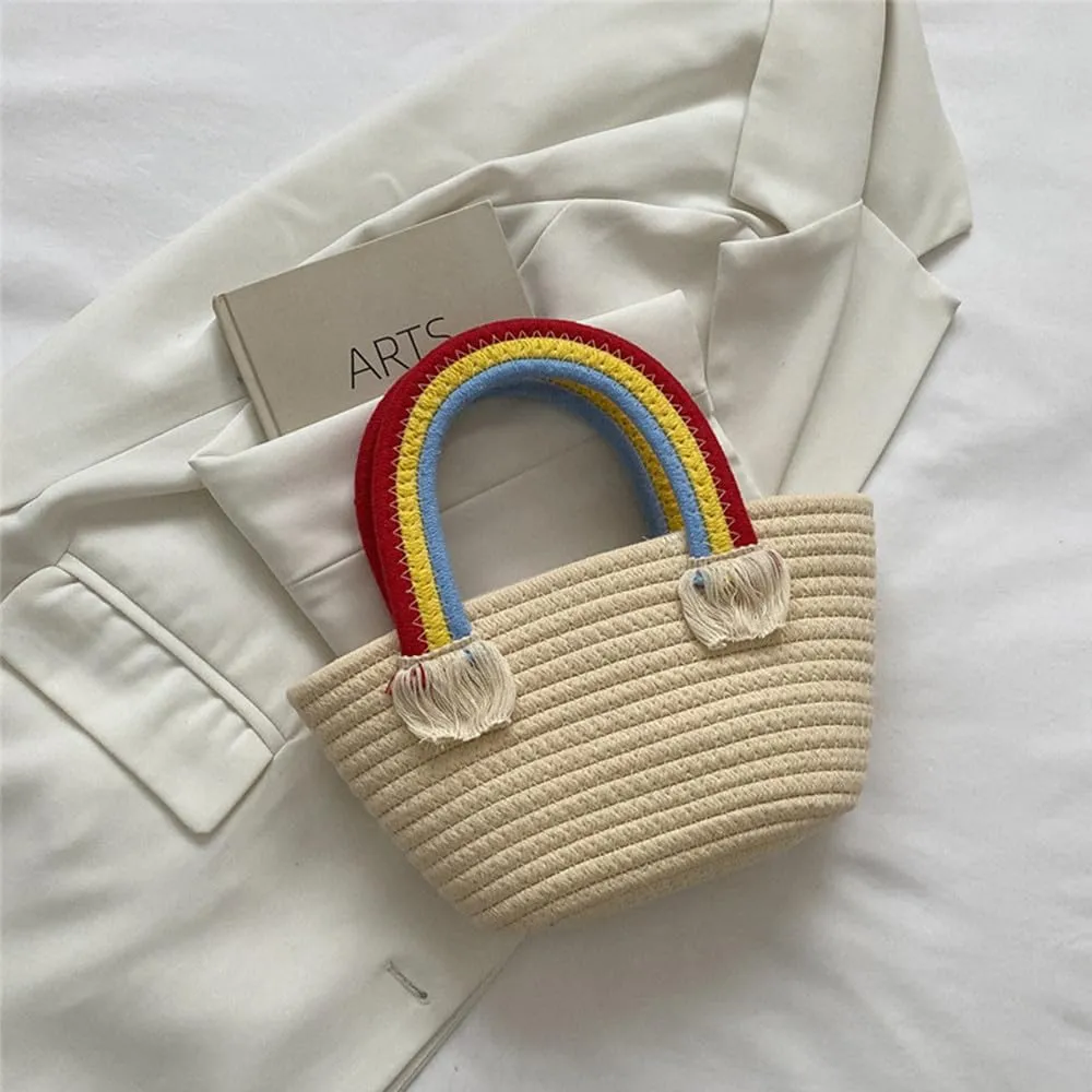 Cotton Handmade Women’s Tote Handbags Hand-Woven Purse with Rainbow Handles Summer Beach Tote Bag Travel Bag Holiday