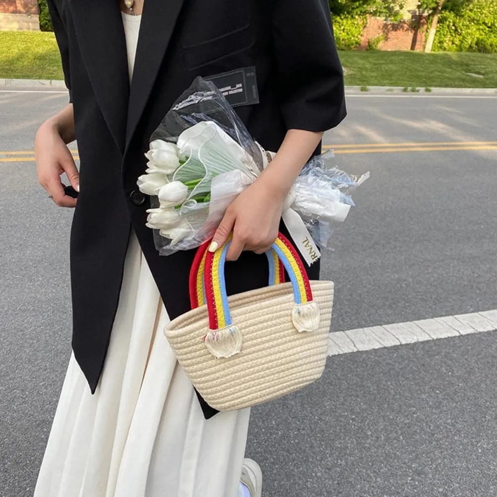 Cotton Handmade Women’s Tote Handbags Hand-Woven Purse with Rainbow Handles Summer Beach Tote Bag Travel Bag Holiday