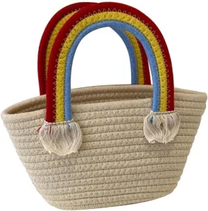 Cotton Handmade Women’s Tote Handbags Hand-Woven Purse with Rainbow Handles Summer Beach Tote Bag Travel Bag Holiday