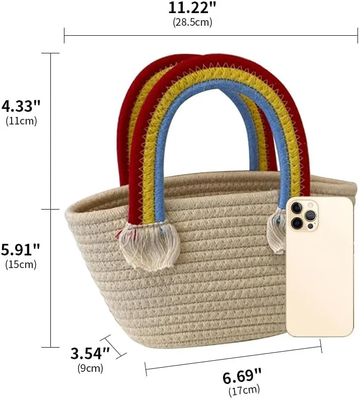 Cotton Handmade Women’s Tote Handbags Hand-Woven Purse with Rainbow Handles Summer Beach Tote Bag Travel Bag Holiday