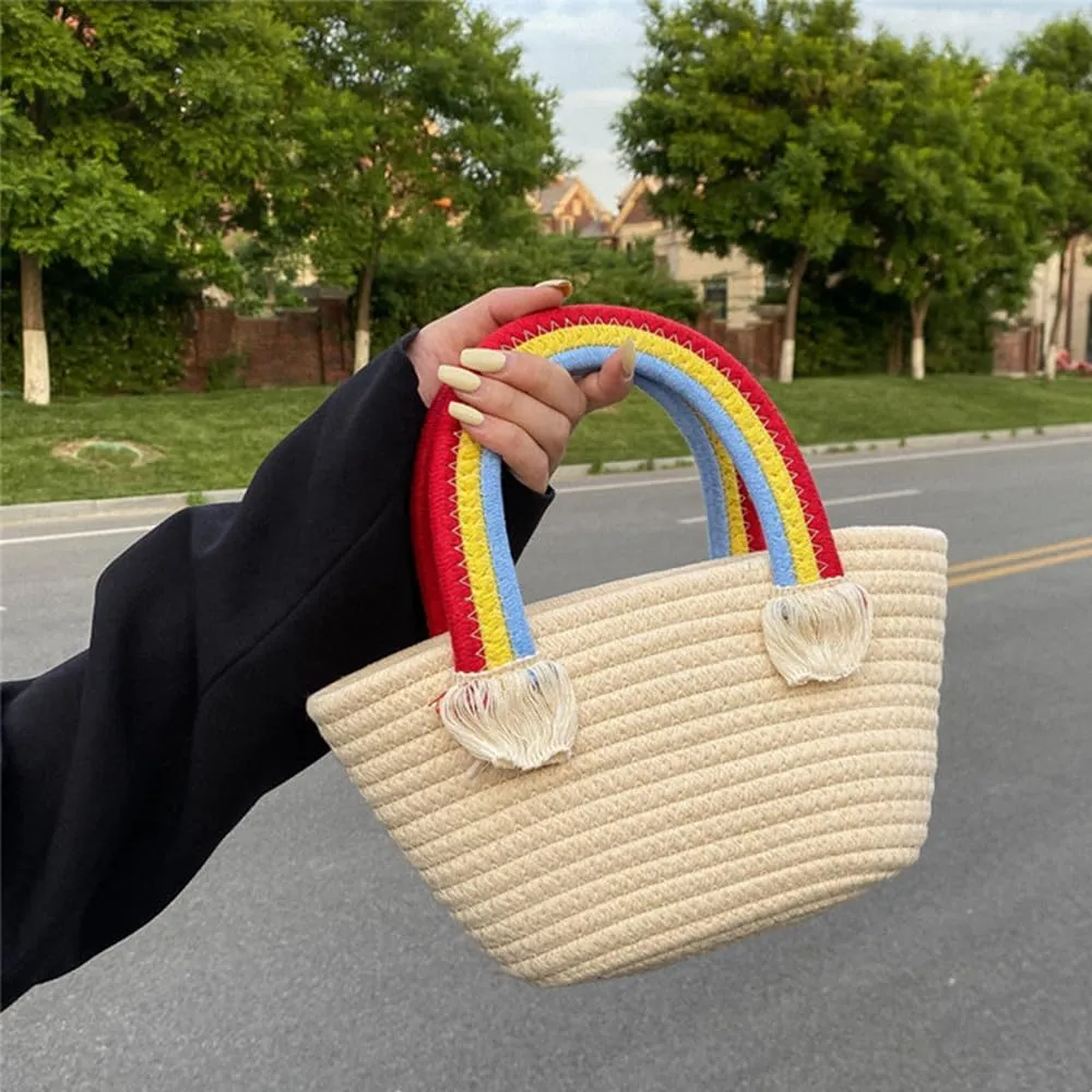 Cotton Handmade Women’s Tote Handbags Hand-Woven Purse with Rainbow Handles Summer Beach Tote Bag Travel Bag Holiday