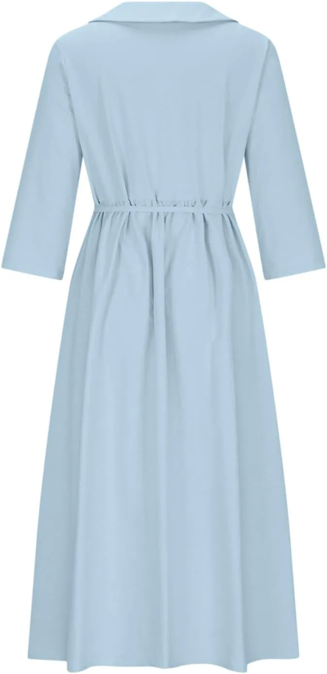 Cotton Linen Dresses for Women 2024 Maxi Button Down Plus Size A Line Dress Trendy 3/4 Sleeve Floral Dress Summer Dresses