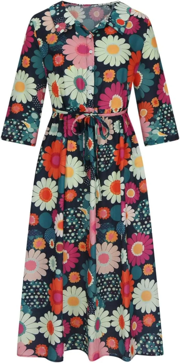 Cotton Linen Dresses for Women 2024 Maxi Button Down Plus Size A Line Dress Trendy 3/4 Sleeve Floral Dress Summer Dresses