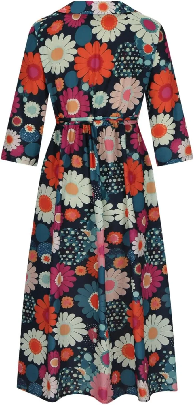 Cotton Linen Dresses for Women 2024 Maxi Button Down Plus Size A Line Dress Trendy 3/4 Sleeve Floral Dress Summer Dresses