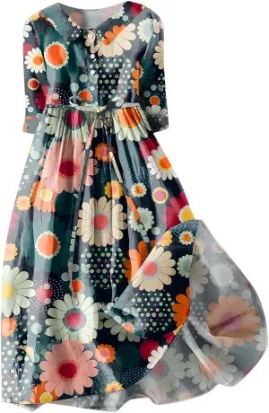 Cotton Linen Dresses for Women 2024 Maxi Button Down Plus Size A Line Dress Trendy 3/4 Sleeve Floral Dress Summer Dresses