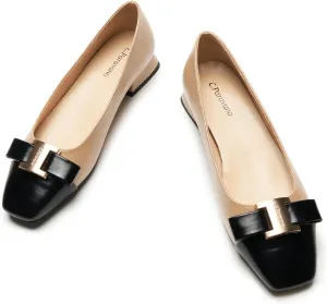 C.Paravano Women's Ballet Flats with Bowknot Detail & Square Toe - Chunky Low Block Heel Dressy Flats for Office, Wedding, Party & Date Night| Breathable Casual Work & Commuting Pumps(Beige&Black,7.5)