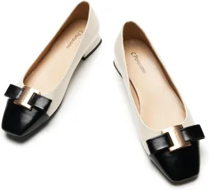 C.Paravano Women's Ballet Flats with Bowknot Detail & Square Toe - Chunky Low Block Heel Dressy Flats for Office, Wedding, Party & Date Night| Breathable Casual Work & Commuting Pumps(White&Black,7.5)