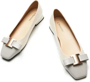C.Paravano Women's Ballet Flats with Bowknot Detail & Square Toe - Chunky Low Block Heel Dressy Flats for Office, Wedding, Party & Date Night| Breathable Casual Work & Commuting Pumps(White&Grey,8)