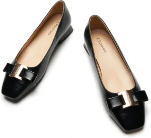 C.Paravano Women's Chunky Block Heel Ballet Flats-Square Toe Bowknot Pumps|for Women Dressy,Office Work Shoes,Wedding Guest Attire,Spring Dressy Footwear|Solid Colors(Black,5.5)
