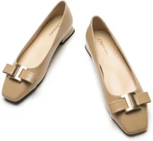 C.Paravano Women's Chunky Block Heel Ballet Flats-Square Toe Bowknot Pumps|for Women Dressy,Office Work Shoes,Wedding Guest Attire,Spring Dressy Footwear|Solid Colors(Camel,9)