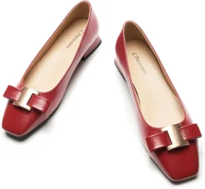 C.Paravano Women's Chunky Block Heel Ballet Flats-Square Toe Bowknot Pumps|for Women Dressy,Office Work Shoes,Wedding Guest Attire,Spring Dressy Footwear|Solid Colors(Red,8.5)