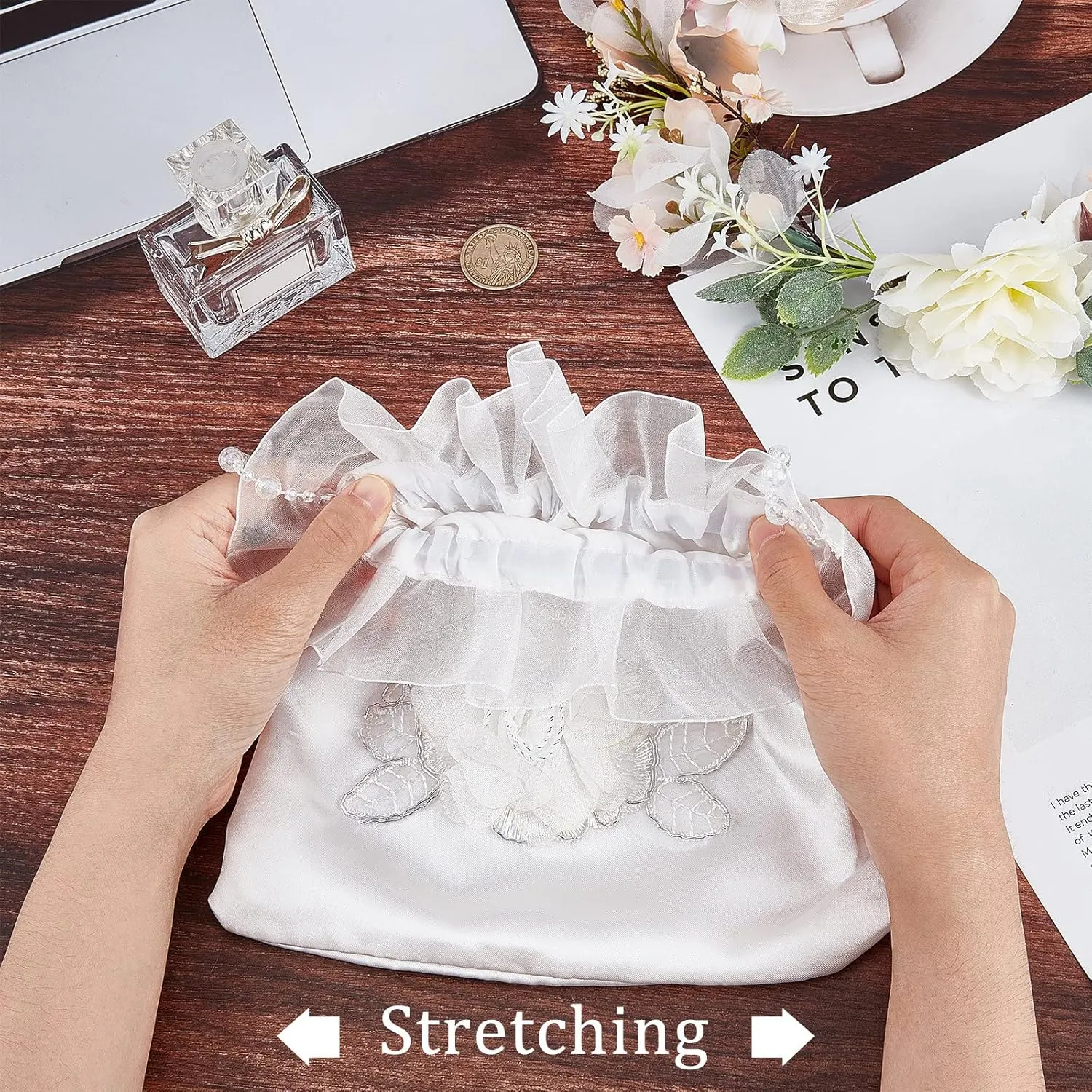 CRASPIRE Bride Handbag 8.38x8.7 Rose Satin Bridal Money Bag White Rose Embroidery Silk Drawstring Purse With Pearl for Dollar Dance Wedding Favor Party