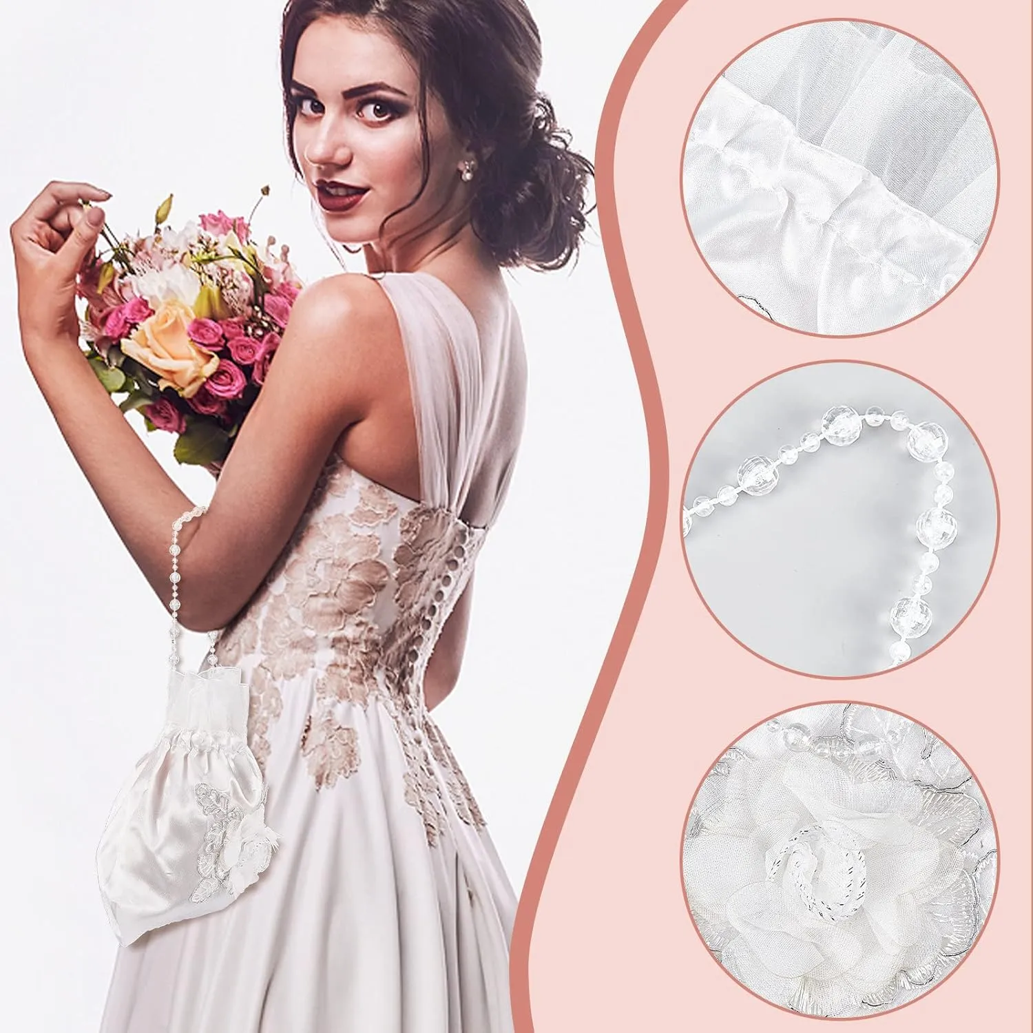 CRASPIRE Bride Handbag 8.38x8.7 Rose Satin Bridal Money Bag White Rose Embroidery Silk Drawstring Purse With Pearl for Dollar Dance Wedding Favor Party