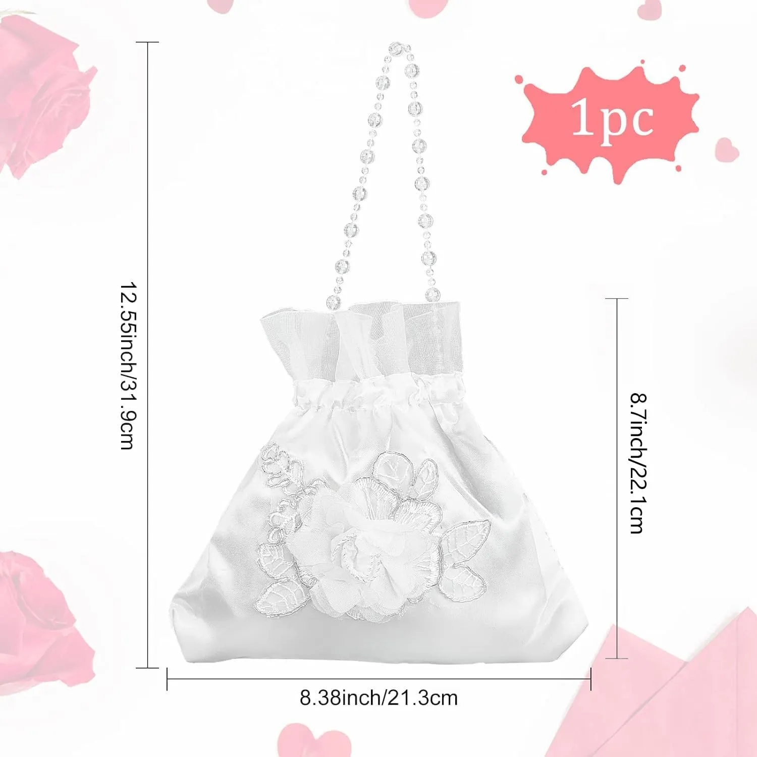 CRASPIRE Bride Handbag 8.38x8.7 Rose Satin Bridal Money Bag White Rose Embroidery Silk Drawstring Purse With Pearl for Dollar Dance Wedding Favor Party