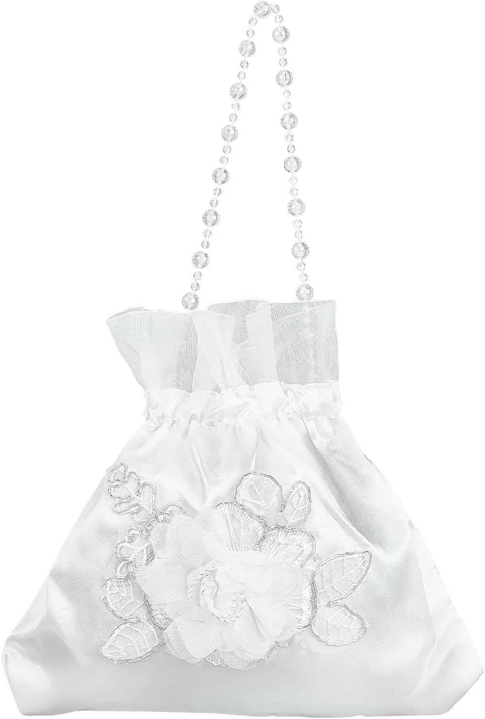 CRASPIRE Bride Handbag 8.38x8.7 Rose Satin Bridal Money Bag White Rose Embroidery Silk Drawstring Purse With Pearl for Dollar Dance Wedding Favor Party