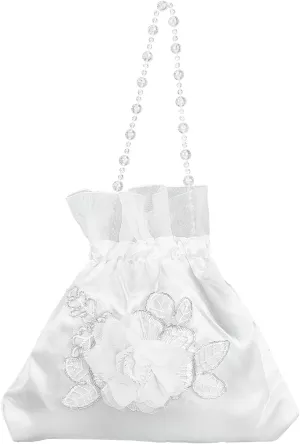 CRASPIRE Bride Handbag 8.38x8.7 Rose Satin Bridal Money Bag White Rose Embroidery Silk Drawstring Purse With Pearl for Dollar Dance Wedding Favor Party