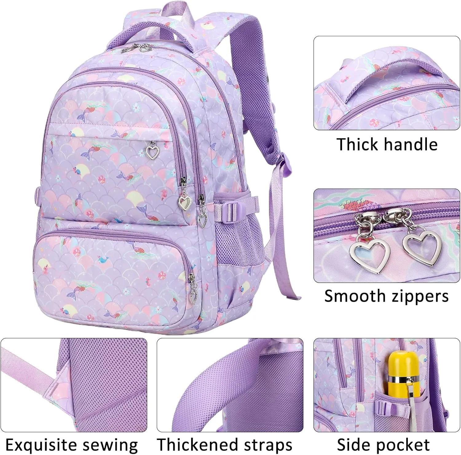 Createy 3Pcs Mermaid Backpack for Girls Backpacks Elementary Primary Middle School Bag BookBags Kids Backpack with Lunch Box (Mermaid Purple)