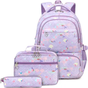 Createy 3Pcs Mermaid Backpack for Girls Backpacks Elementary Primary Middle School Bag BookBags Kids Backpack with Lunch Box (Mermaid Purple)