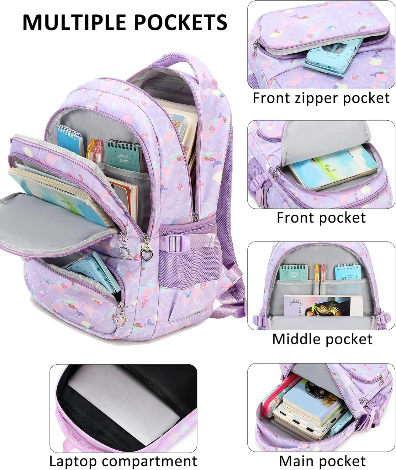 Createy 3Pcs Mermaid Backpack for Girls Backpacks Elementary Primary Middle School Bag BookBags Kids Backpack with Lunch Box (Mermaid Purple)