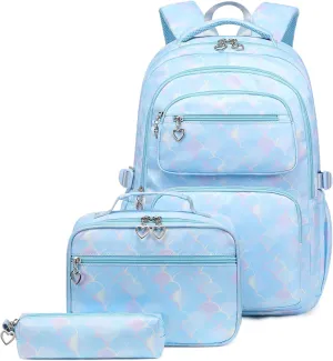 Createy 3Pcs Mermaid Backpack for Girls Backpacks Elementary Primary Middle School Bag Kids Backpack with Lunch Box Teen BookBags Set
