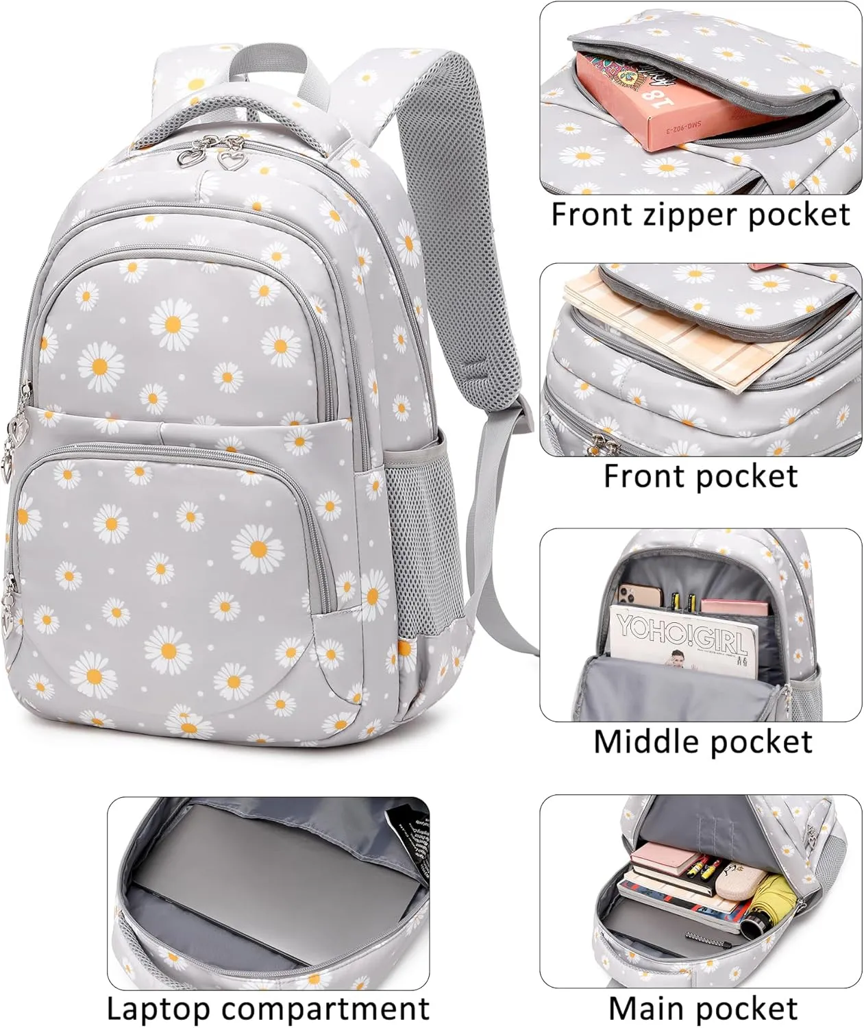 Createy Daisy Print Backpack for Girls with Lunch Box Lightweight Kids Backpack Primary Elementary Students Bookbags School Bags Set