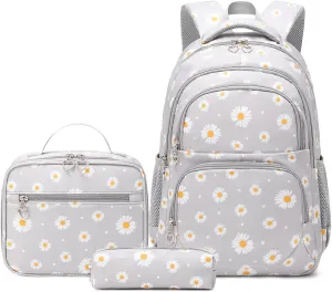 Createy Daisy Print Backpack for Girls with Lunch Box Lightweight Kids Backpack Primary Elementary Students Bookbags School Bags Set