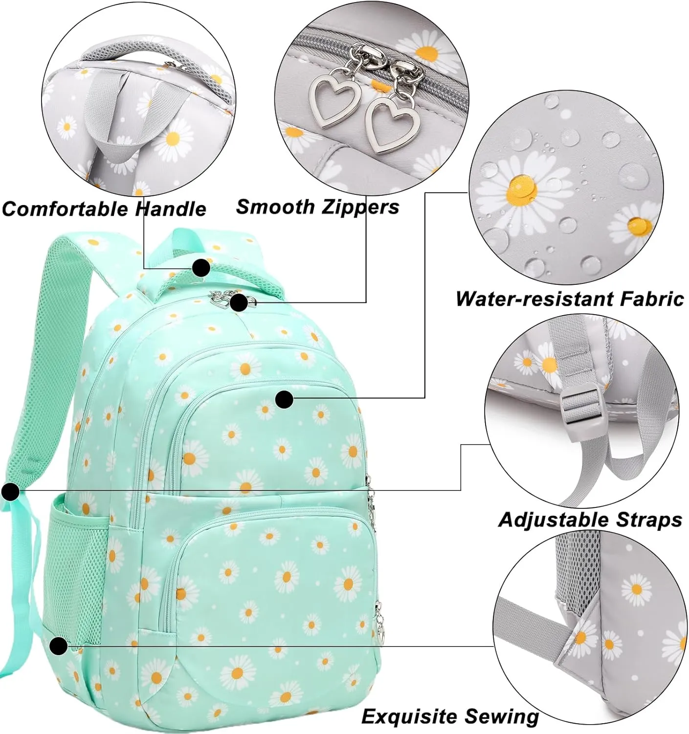 Createy Daisy Printed School Backpack for Girls Elementary Primary School Bag Teens Bookbags Kids Backpack Set