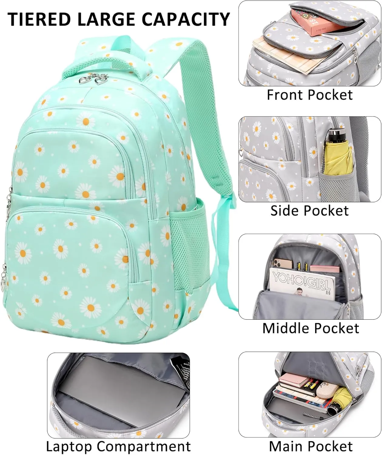 Createy Daisy Printed School Backpack for Girls Elementary Primary School Bag Teens Bookbags Kids Backpack Set