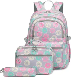 Createy Donut Prints Backpacks for Girls Kids School Backpack with Lunch Box Elementary Primary Middle School Bags BookBags Set