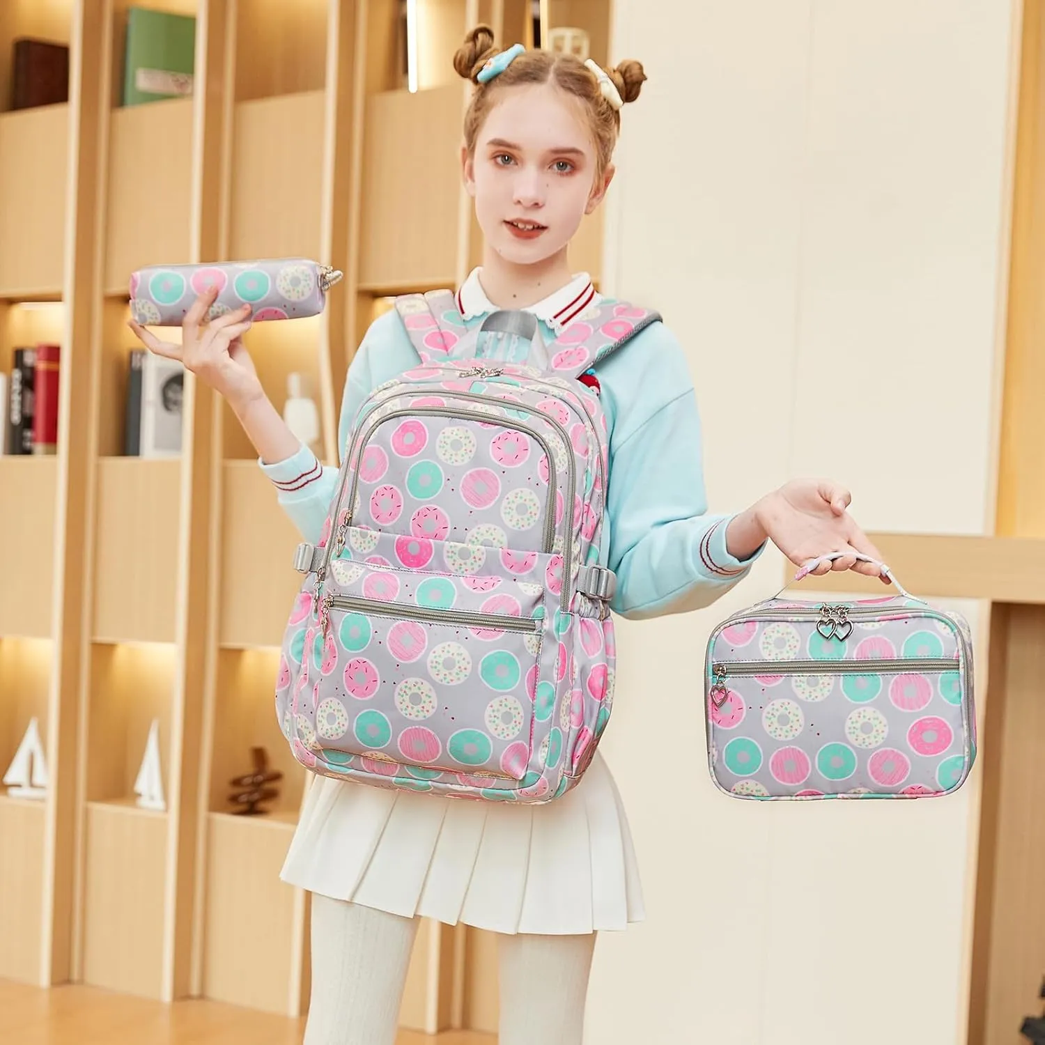 Createy Donut Prints Backpacks for Girls Kids School Backpack with Lunch Box Elementary Primary Middle School Bags BookBags Set