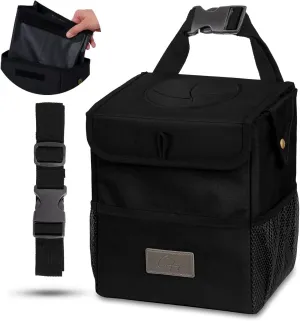 Creathing Car Trash Can with Lid, Detachable Lining | Console, Floor, Seat Hanging Garbage Bin and Storage Bag (2 Gal, Black)