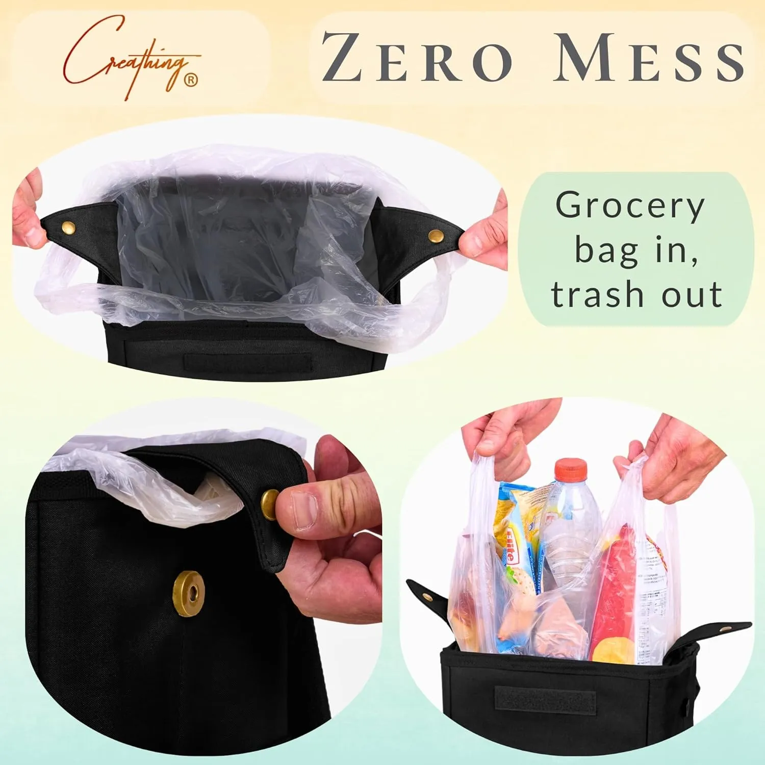 Creathing Car Trash Can with Lid, Detachable Lining | Console, Floor, Seat Hanging Garbage Bin and Storage Bag (2 Gal, Black)