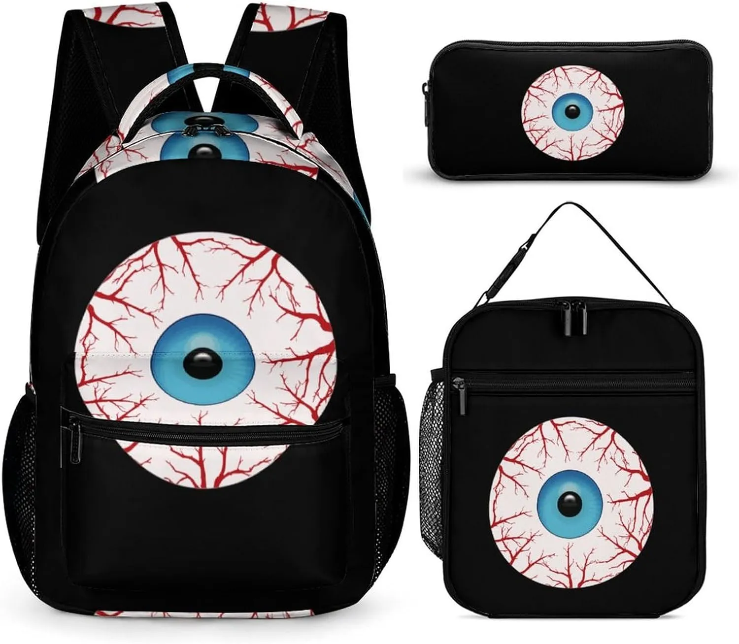 Creepy Bloodshot Eyeball Funny Backpack Set Lunch Bag Pencil Case Bag 3 in 1 for Men Women Travel Backpacks