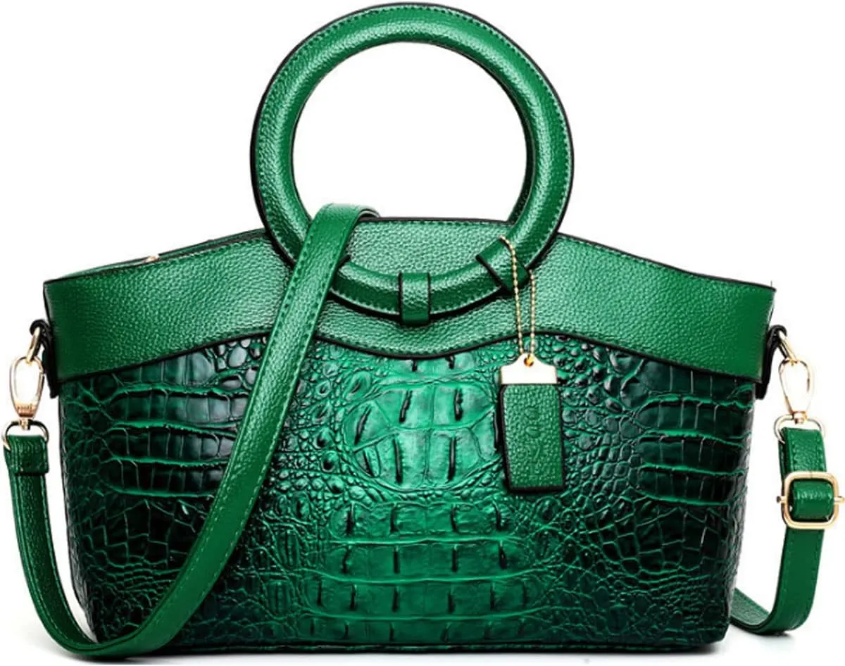 Crocodile Pattern Handbag for Women Leather Ring Top Handle Satchel Style Shoulder Bag Fashion Purse Embossed Tote