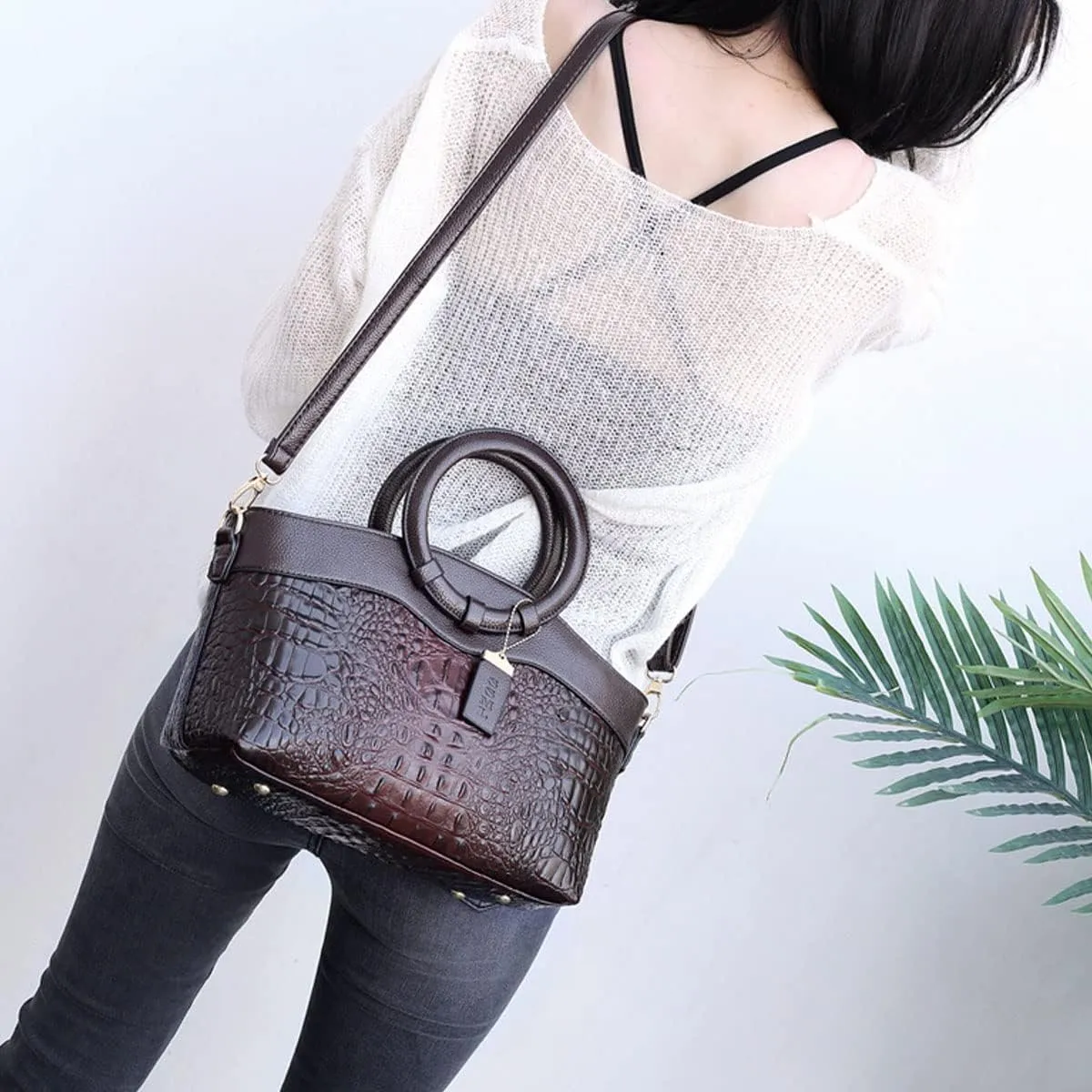 Crocodile Pattern Handbag for Women Leather Ring Top Handle Satchel Style Shoulder Bag Fashion Purse Embossed Tote