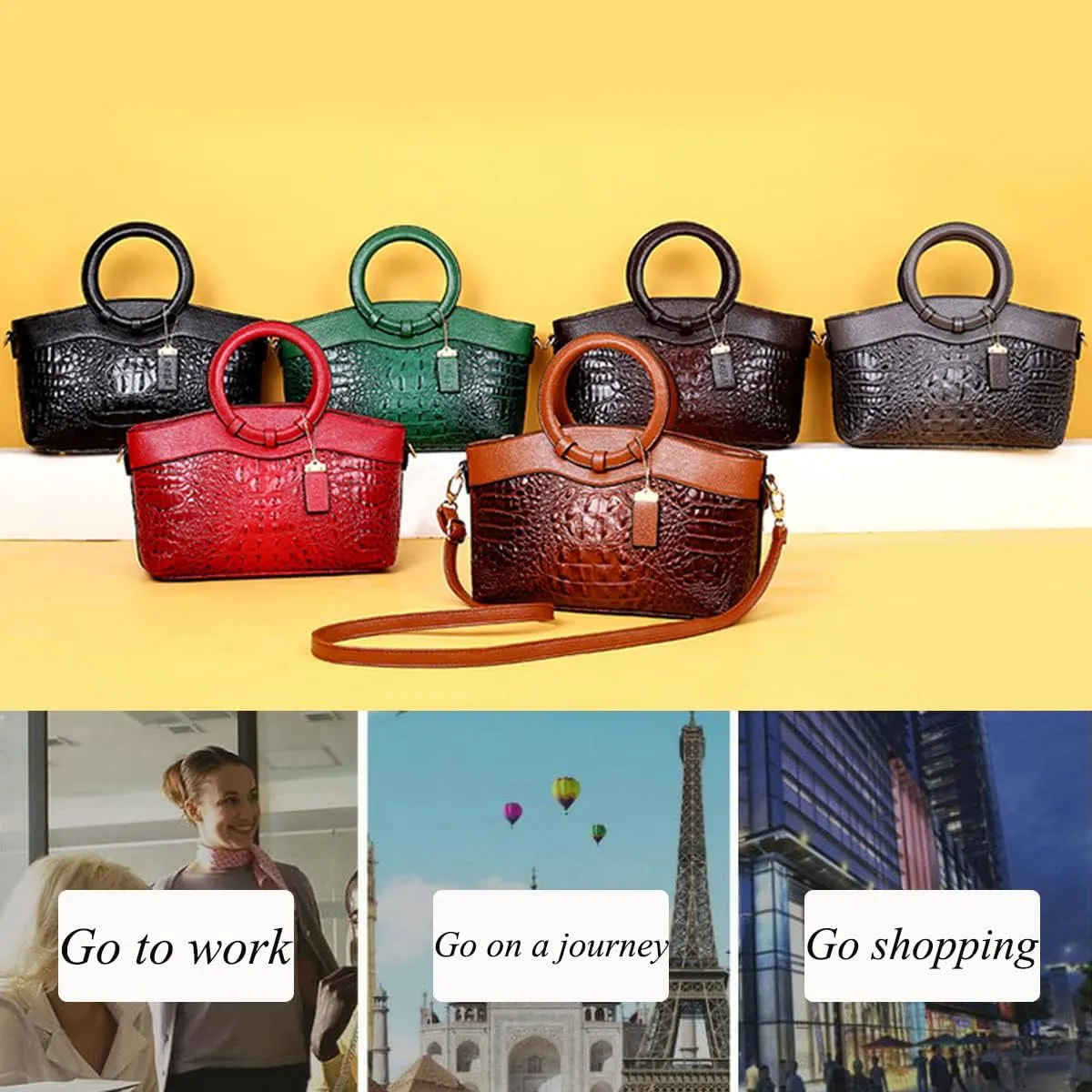 Crocodile Pattern Handbag for Women Leather Ring Top Handle Satchel Style Shoulder Bag Fashion Purse Embossed Tote