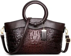 Crocodile Pattern Handbag for Women Leather Ring Top Handle Satchel Style Shoulder Bag Fashion Purse Embossed Tote