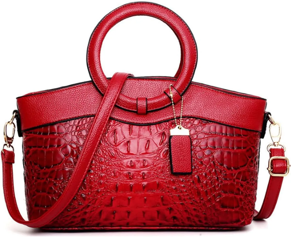 Crocodile Pattern Handbag for Women Leather Ring Top Handle Satchel Style Shoulder Bag Fashion Purse Embossed Tote
