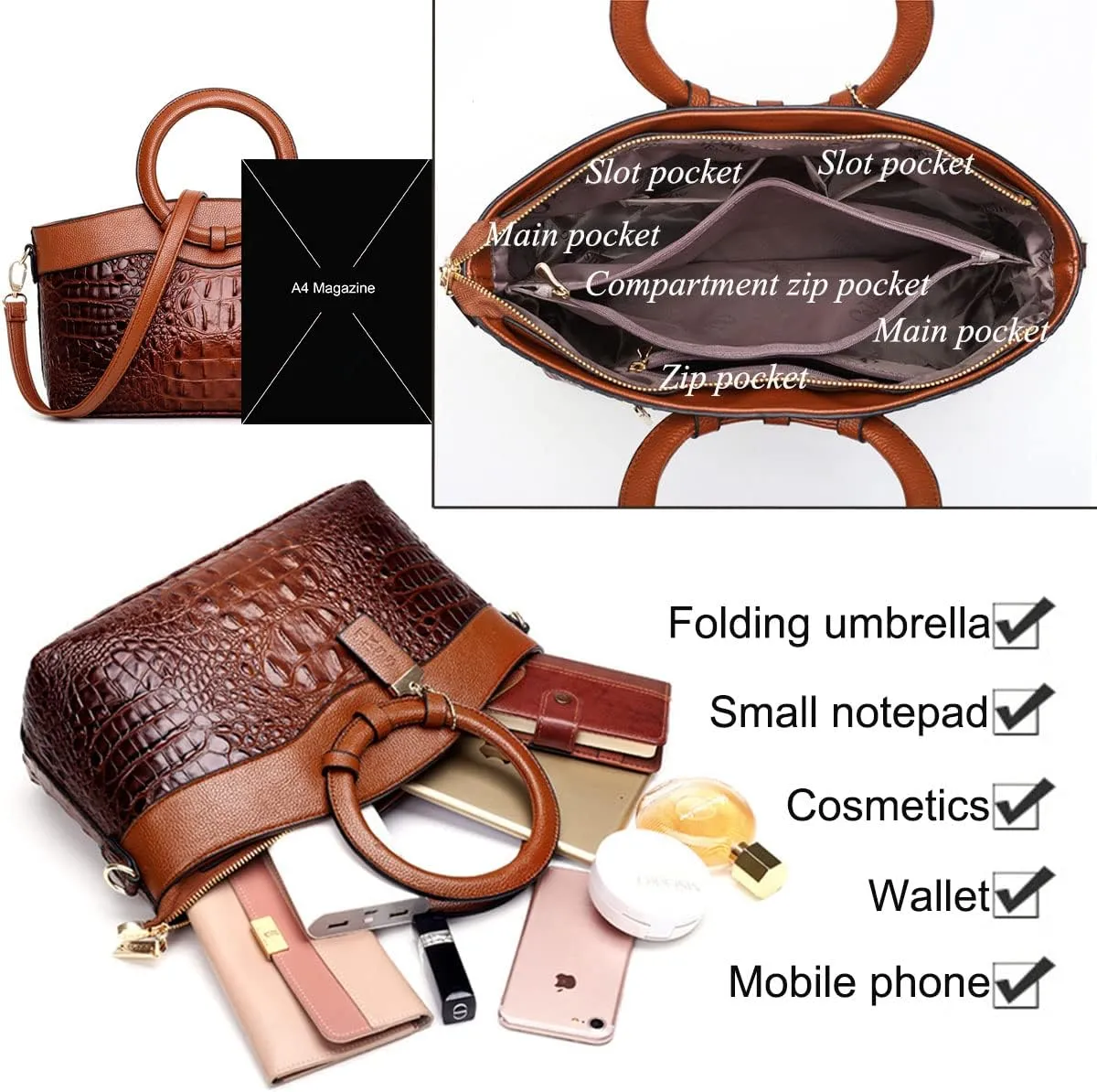 Crocodile Pattern Handbag for Women Leather Ring Top Handle Satchel Style Shoulder Bag Fashion Purse Embossed Tote