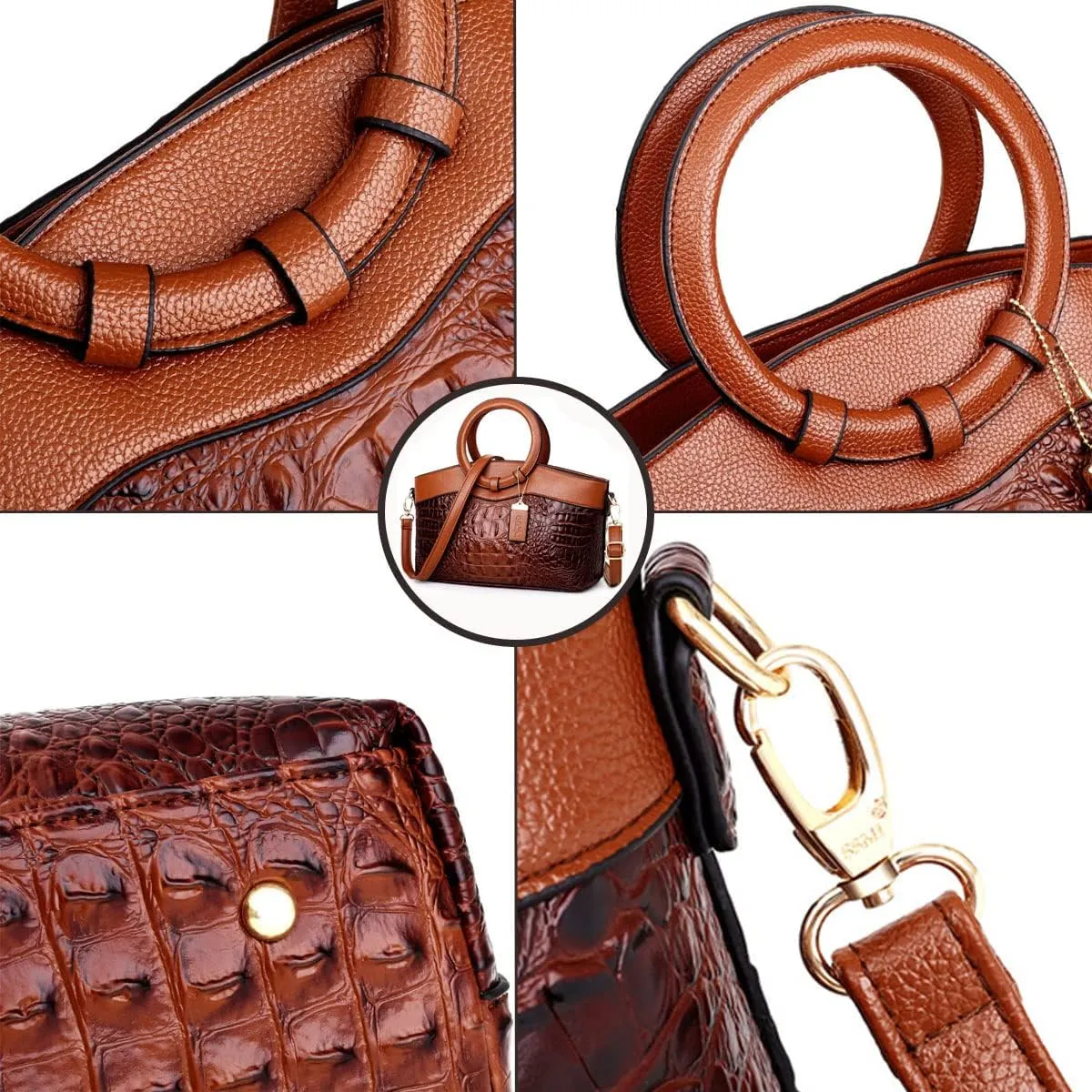 Crocodile Pattern Handbag for Women Leather Ring Top Handle Satchel Style Shoulder Bag Fashion Purse Embossed Tote