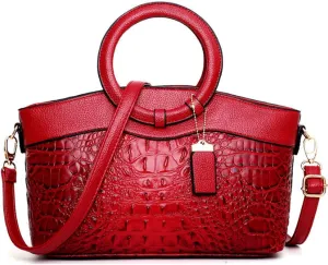 Crocodile Pattern Handbag for Women Leather Ring Top Handle Satchel Style Shoulder Bag Fashion Purse Embossed Tote