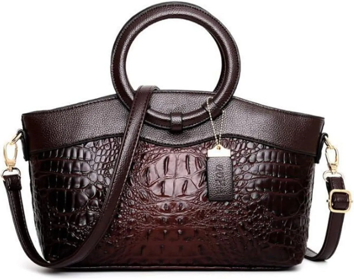 Crocodile Pattern Handbag for Women Leather Ring Top Handle Satchel Style Shoulder Bag Fashion Purse Embossed Tote