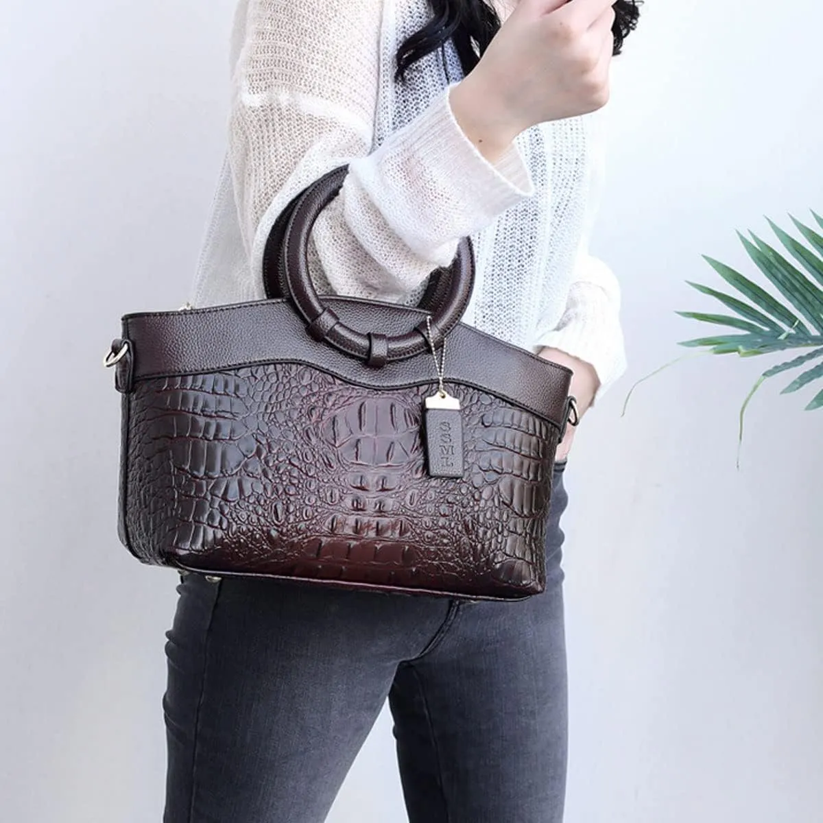 Crocodile Pattern Handbag for Women Leather Ring Top Handle Satchel Style Shoulder Bag Fashion Purse Embossed Tote