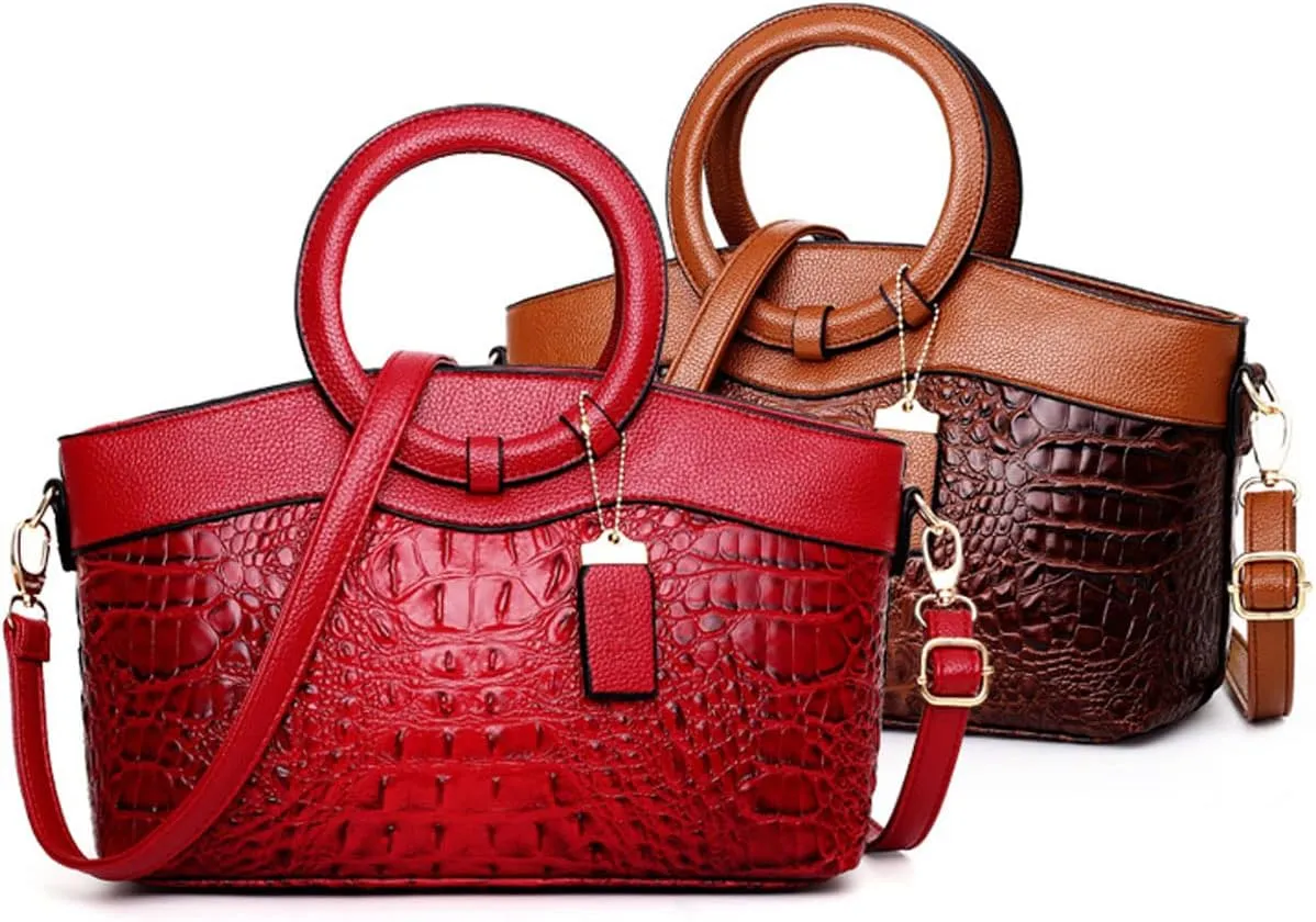 Crocodile Pattern Handbag for Women Leather Ring Top Handle Satchel Style Shoulder Bag Fashion Purse Embossed Tote