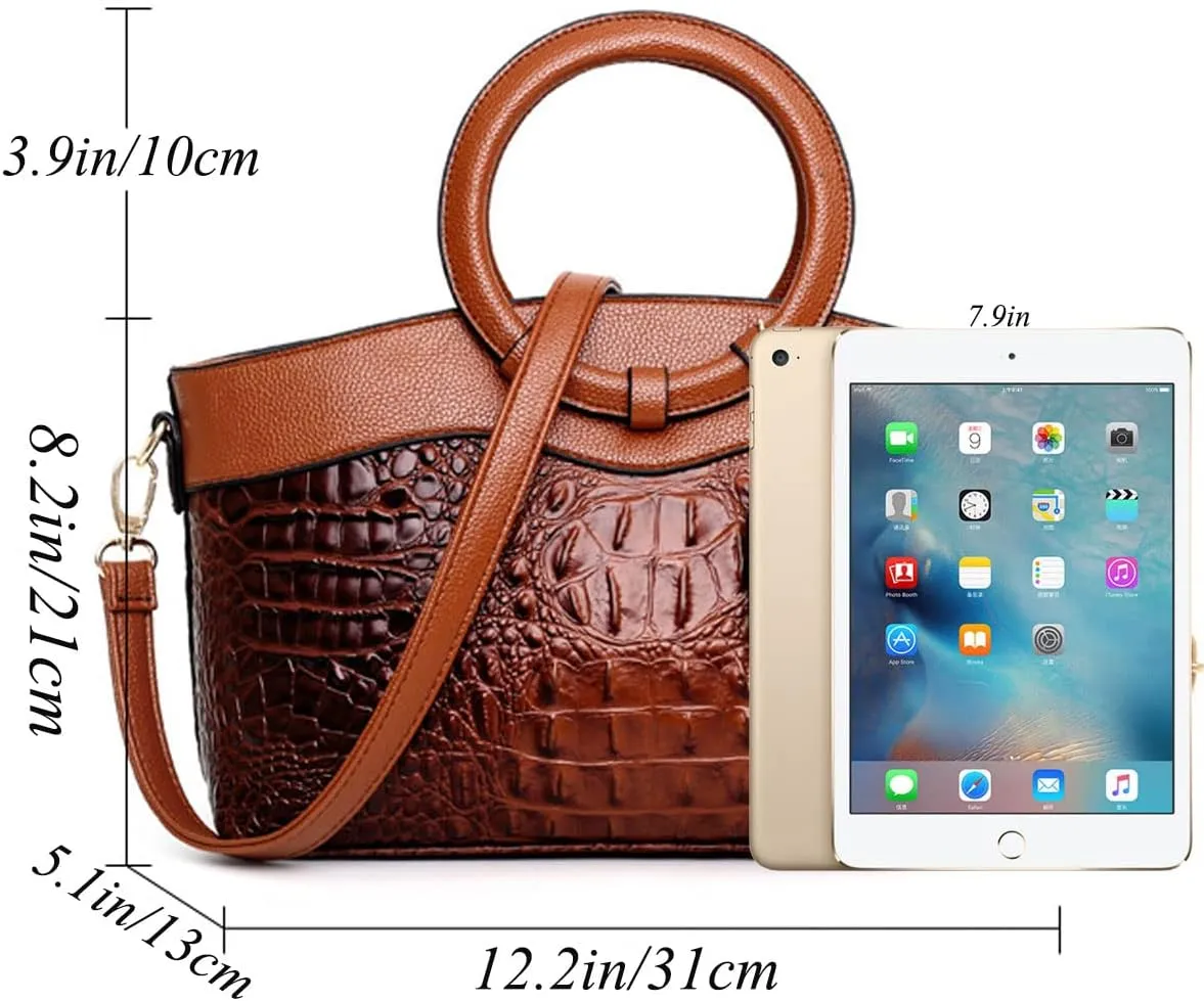 Crocodile Pattern Handbag for Women Leather Ring Top Handle Satchel Style Shoulder Bag Fashion Purse Embossed Tote
