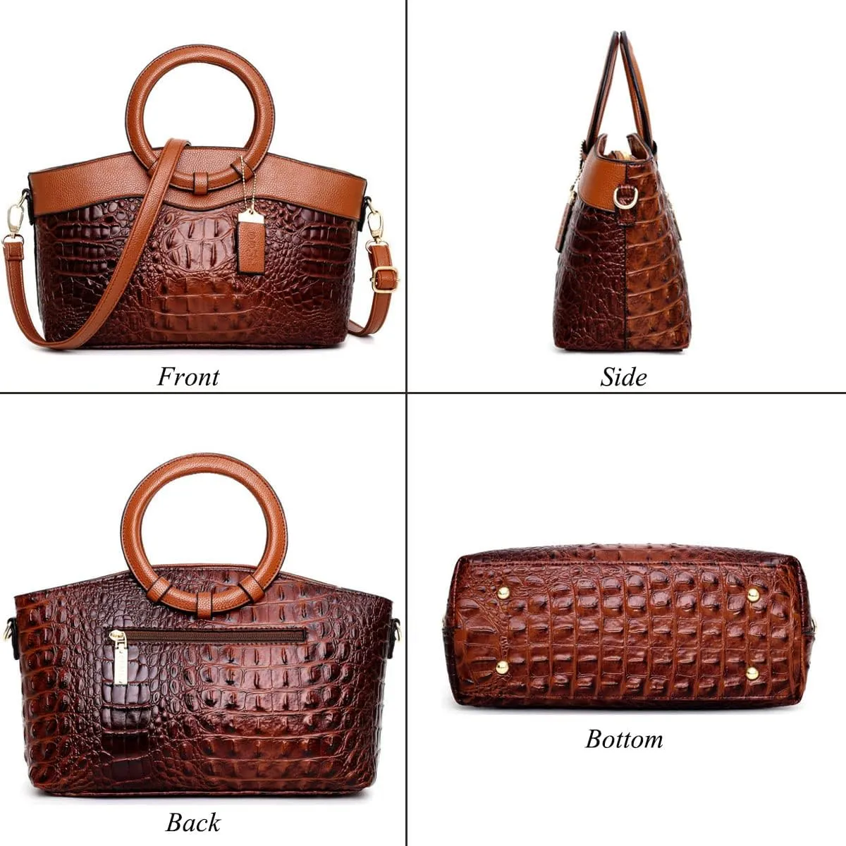 Crocodile Pattern Handbag for Women Leather Ring Top Handle Satchel Style Shoulder Bag Fashion Purse Embossed Tote