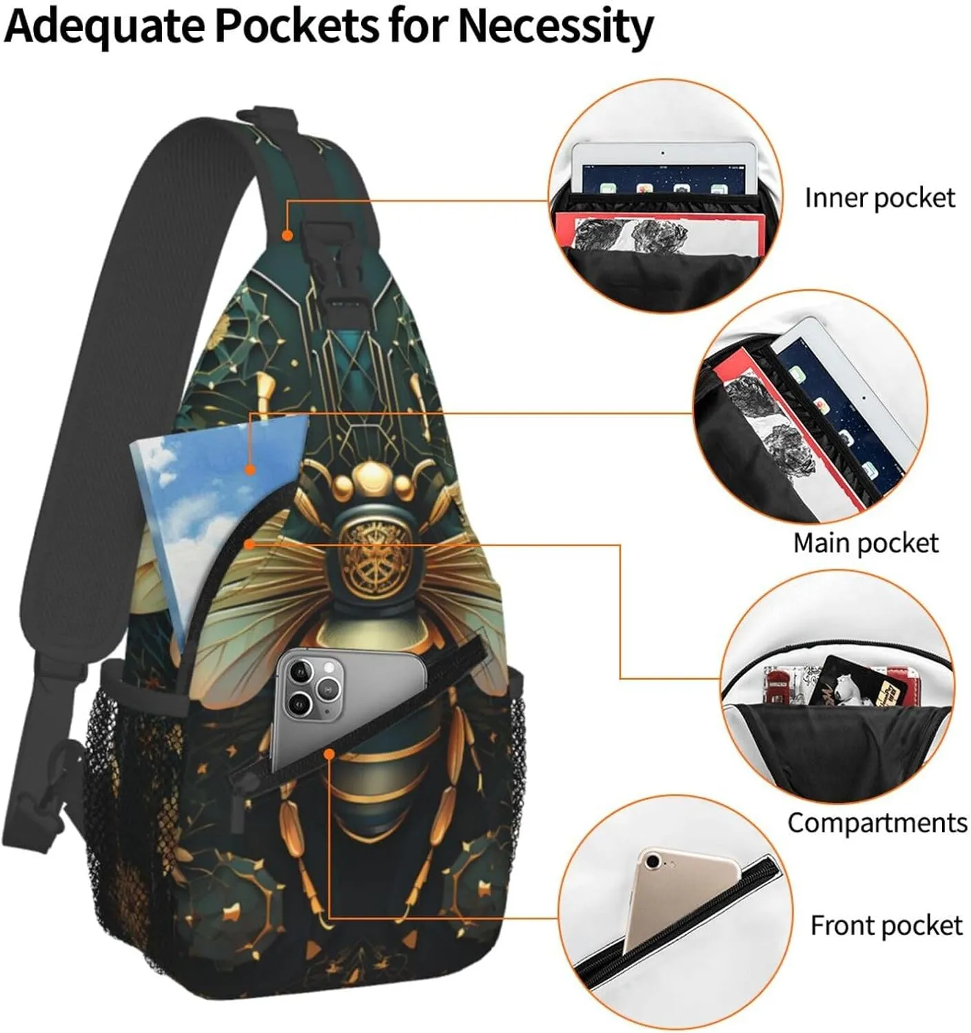 Crossbody Bag for Women Men Bee Illustration Chest Bag Crossbody Sling Bag Adjustable Shoulder Bag