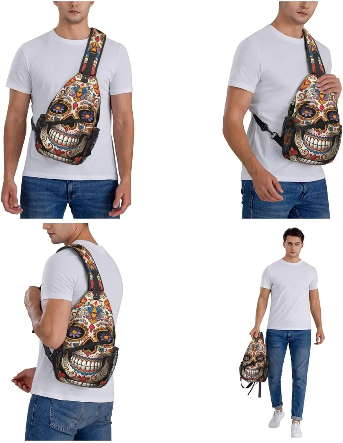Crossbody Bag for Women Men Sugar Skulls_77992494 Chest Bag Crossbody Sling Bag Adjustable Shoulder Bag