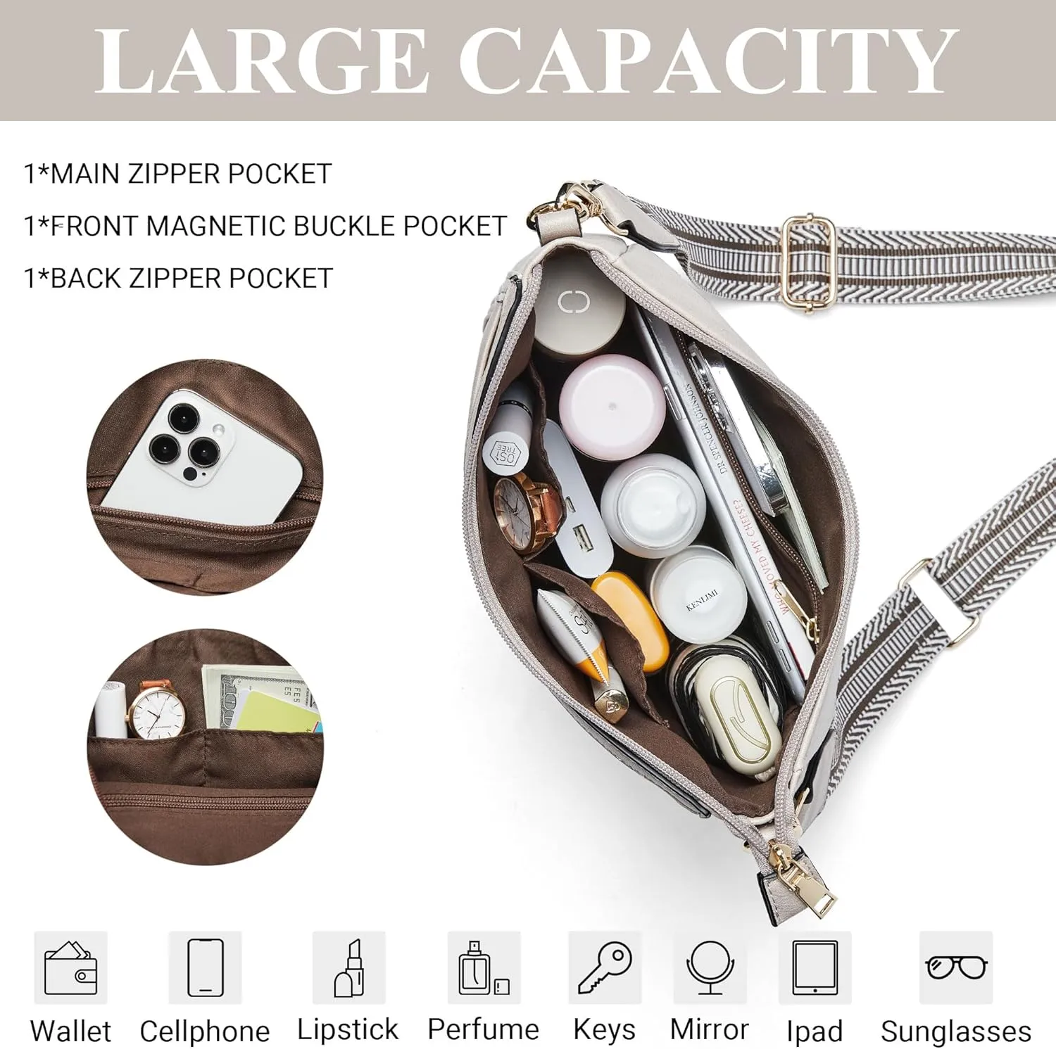 Crossbody Bags for Women Vegan Leather Hobo Purses Travel Shoulder Handbags with Detachable Wide Guitar Strap