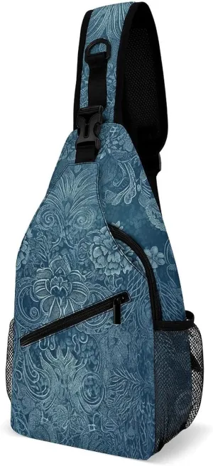 Crossbody Sling Bag Blue Floral Lace Crossbody Bags Casual Chest Bag Lightweight Fanny Packs Sling Purses with Adjustable Shoulder Strap for Travel Sport Running Hiking